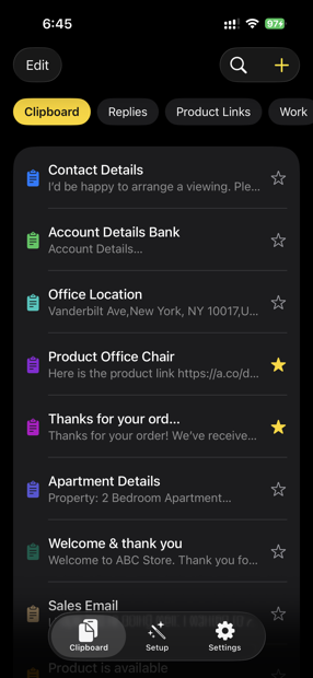 The Clipboard app listing saved clips by category