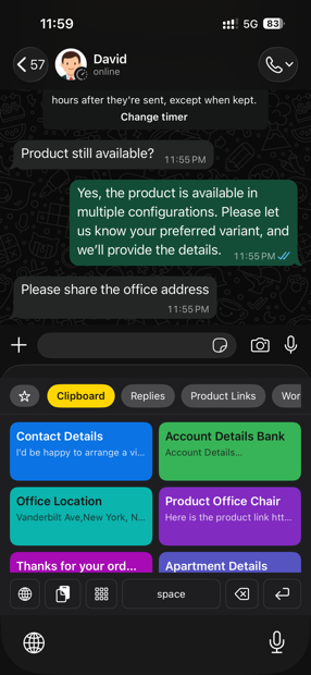 The Clipboard keyboard open inside a chat app, showing saved clips as coloured cards