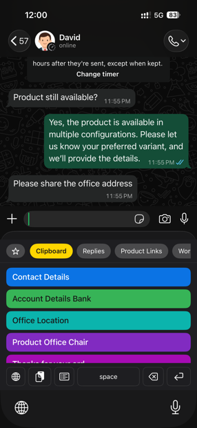 Keyboard showing clips as a list